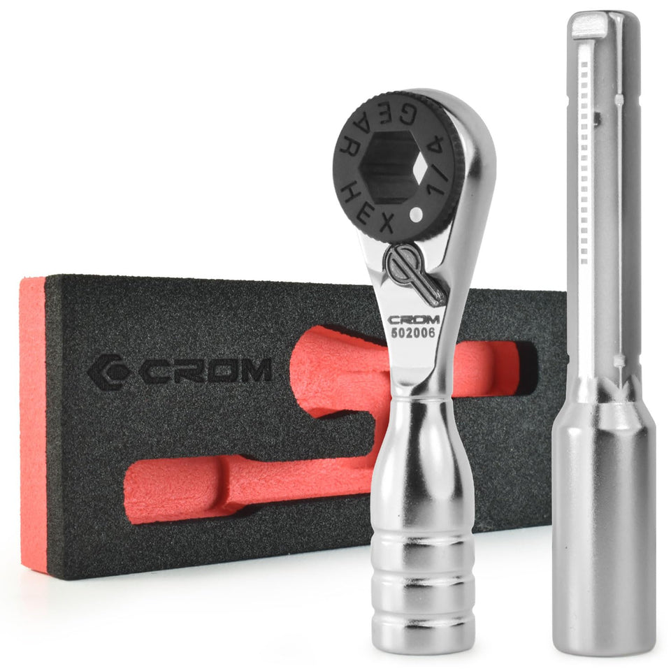 CROM mini ratchet 4-inch head for precise tightening in tight spaces.