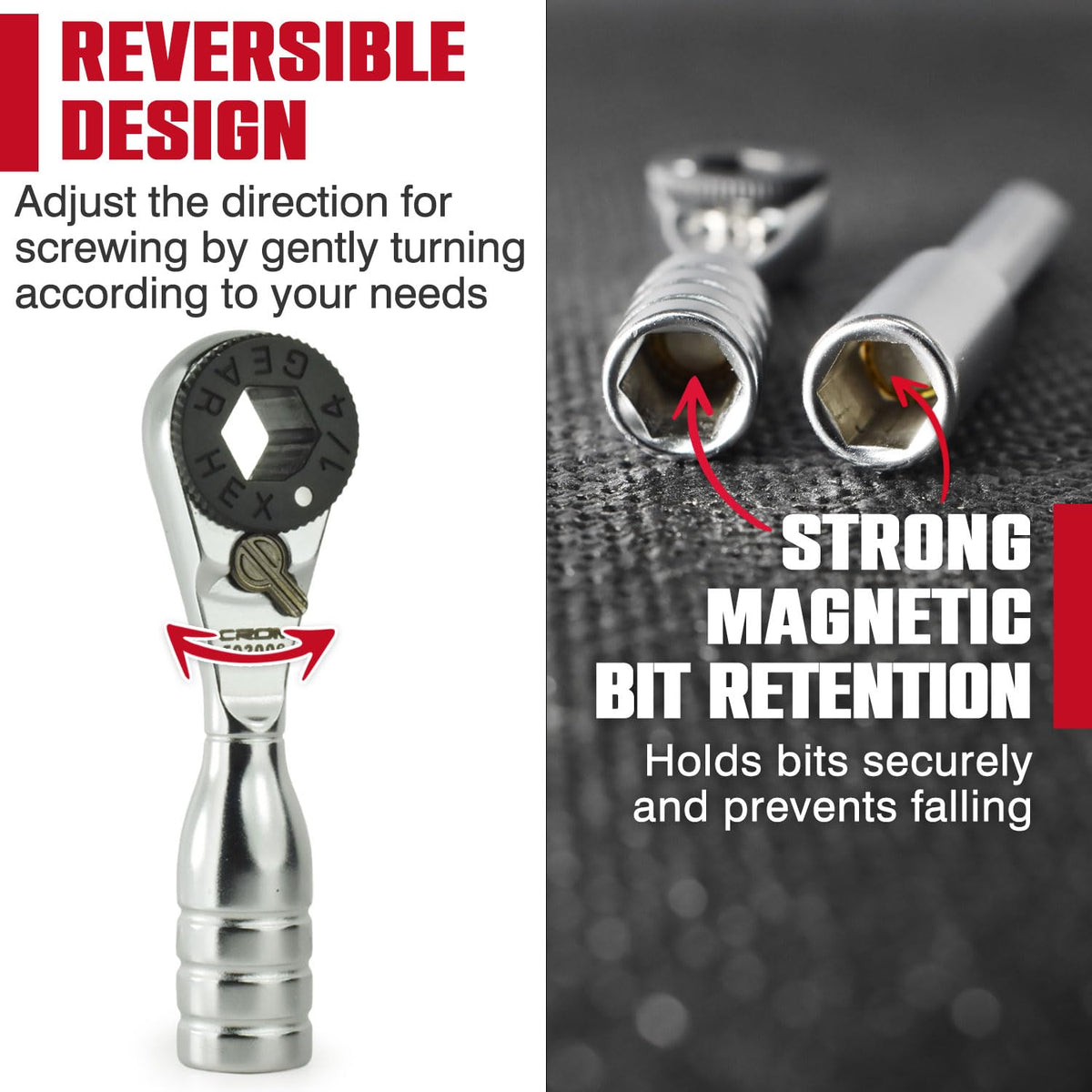 CROM mini ratchet 60-tooth head delivers smooth, controlled motion.