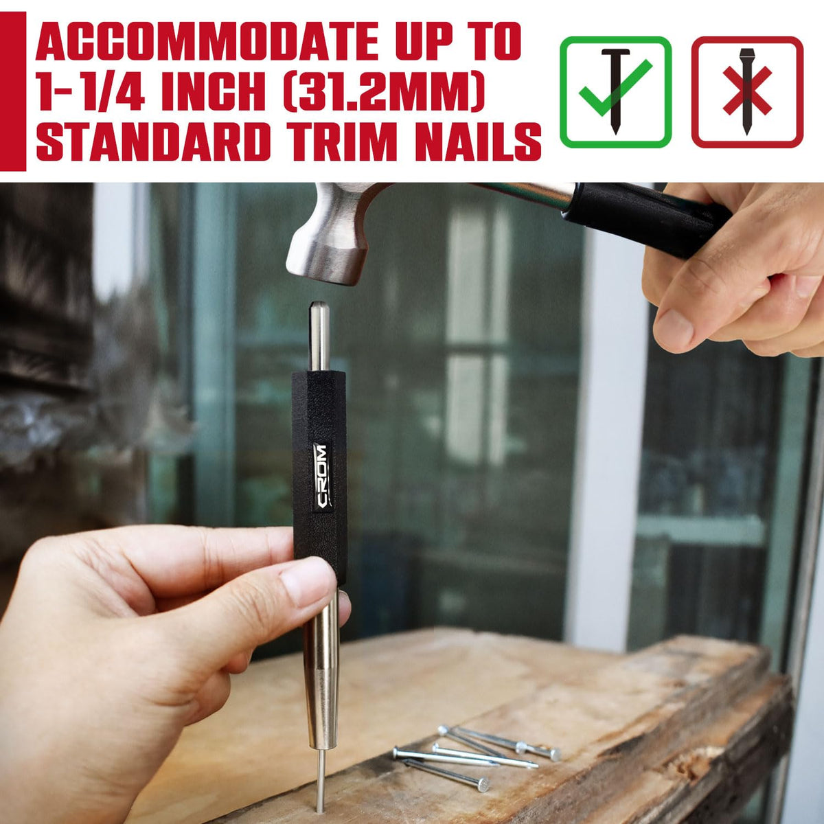 CROM Trim Nail Punch with hex collar prevents rolling on uneven surfaces.