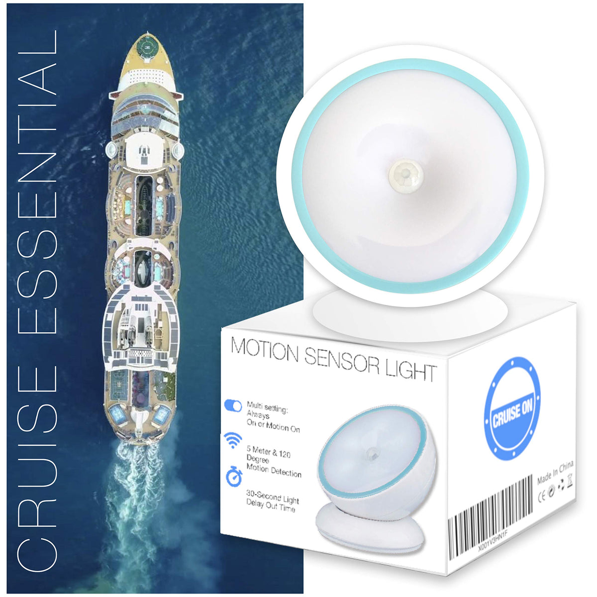 Cruise On battery-powered night light ideal for travel and cabins.