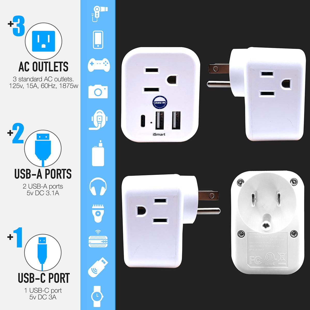 Cruise On power strip shown in cabin setup for easy placement.