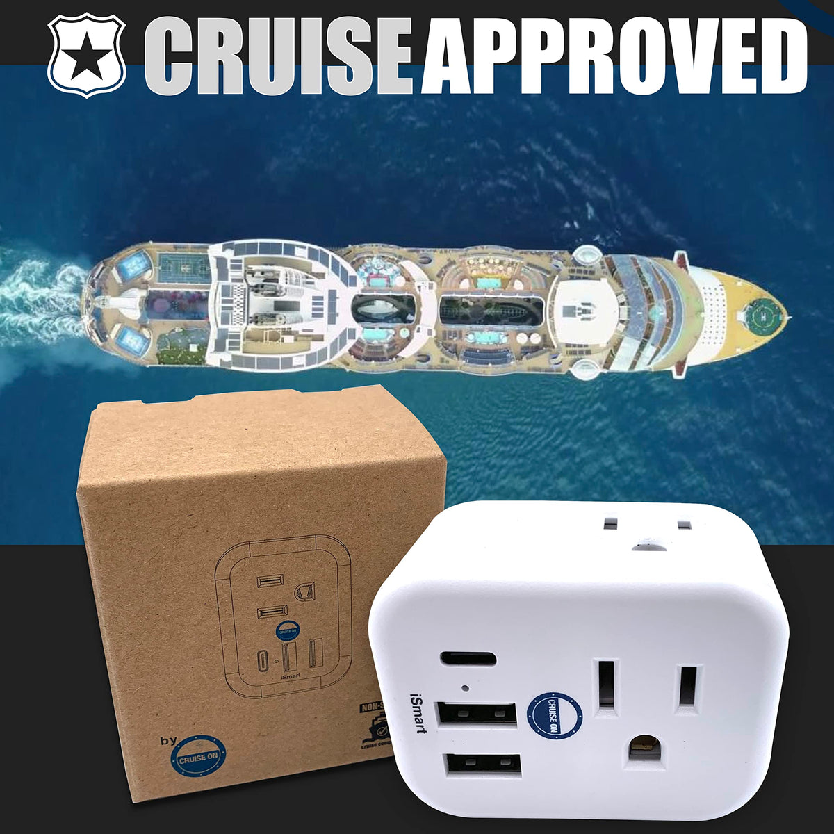 Cruise On power strip with six outlets and USB ports for multi-device charging.