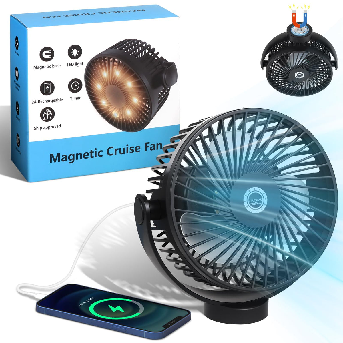 CruiSeaU magnetic base secures to cabin wall for space-saving cooling.