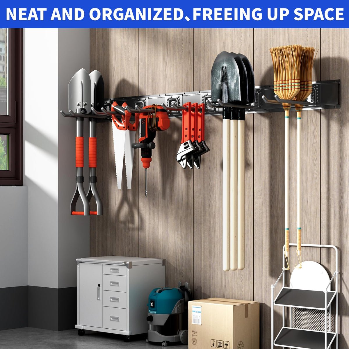 CRXCRC wall-mounted storage system keeps tools off floor.