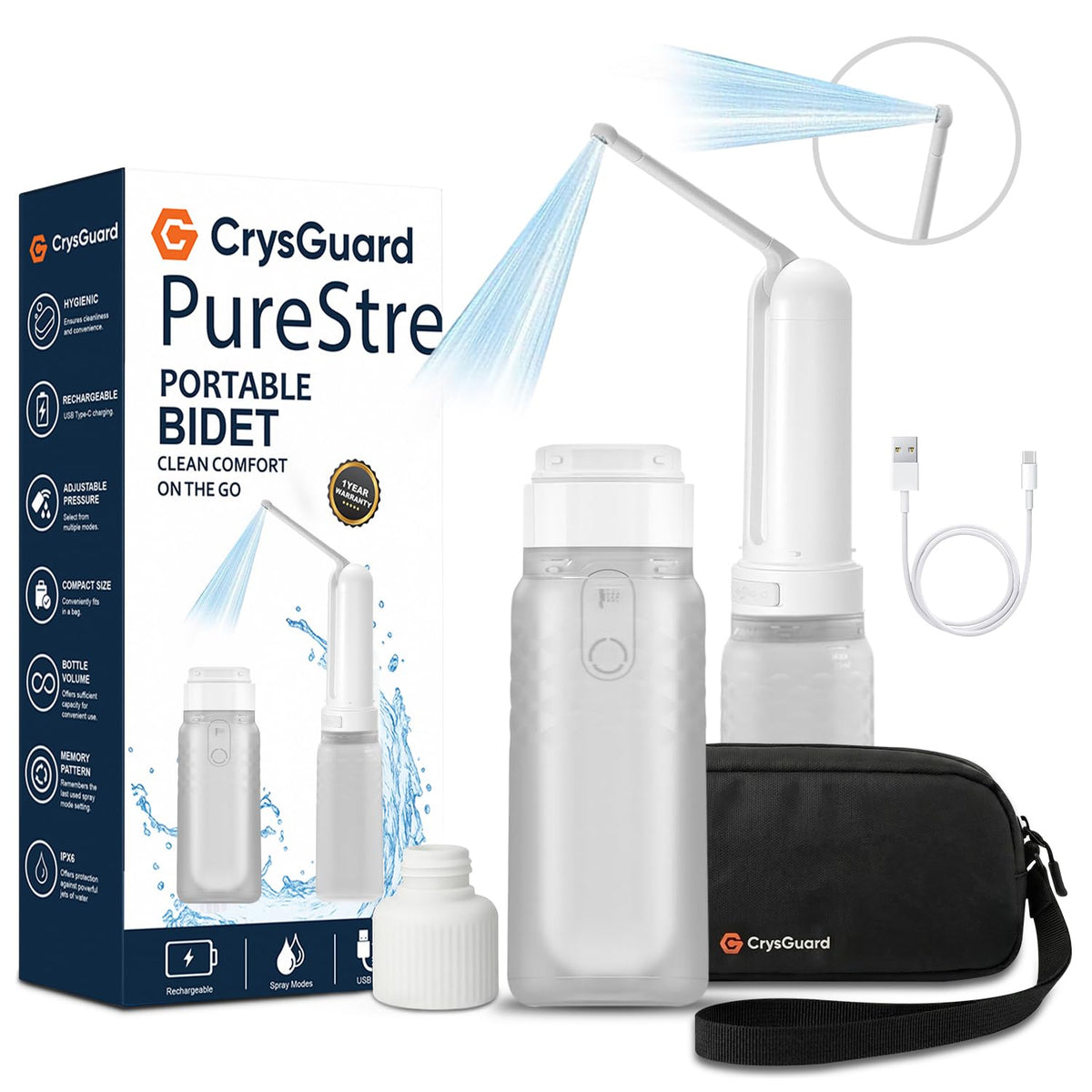 CrysGuard PureStream portable bidet on the go for fresh, convenient cleaning.