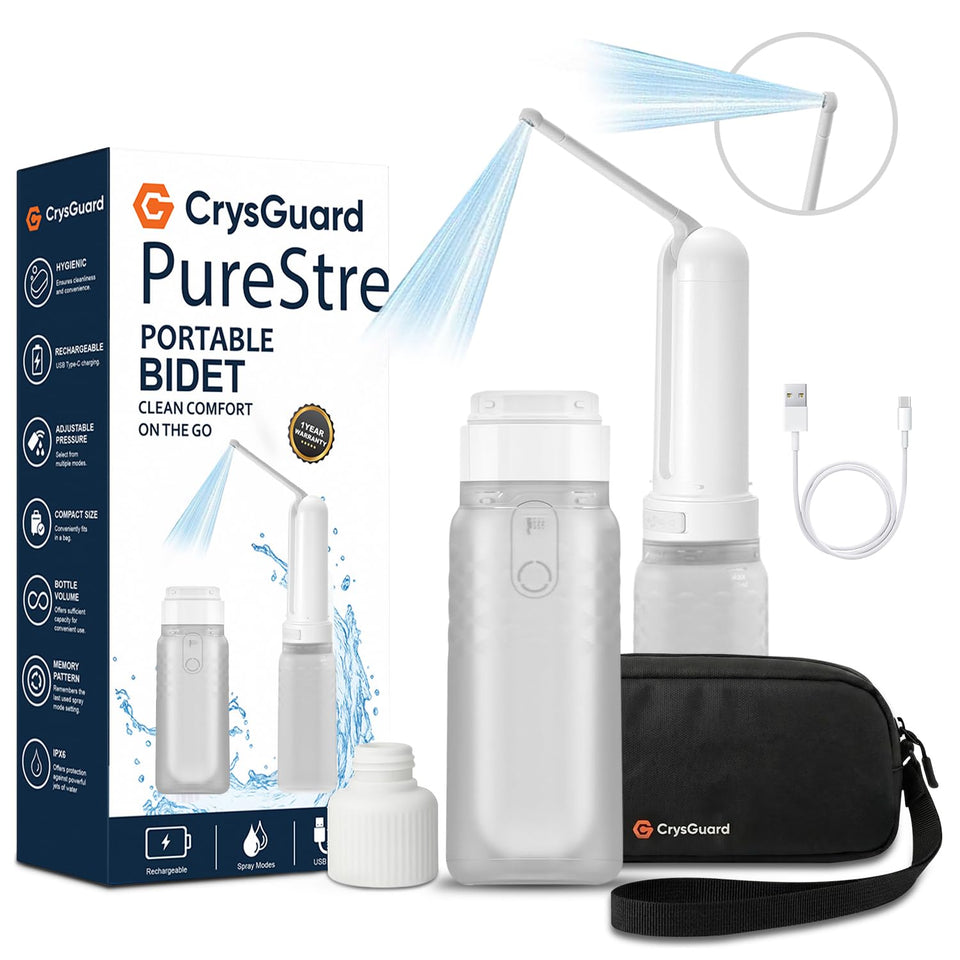 CrysGuard PureStream portable bidet on the go for fresh, convenient cleaning.