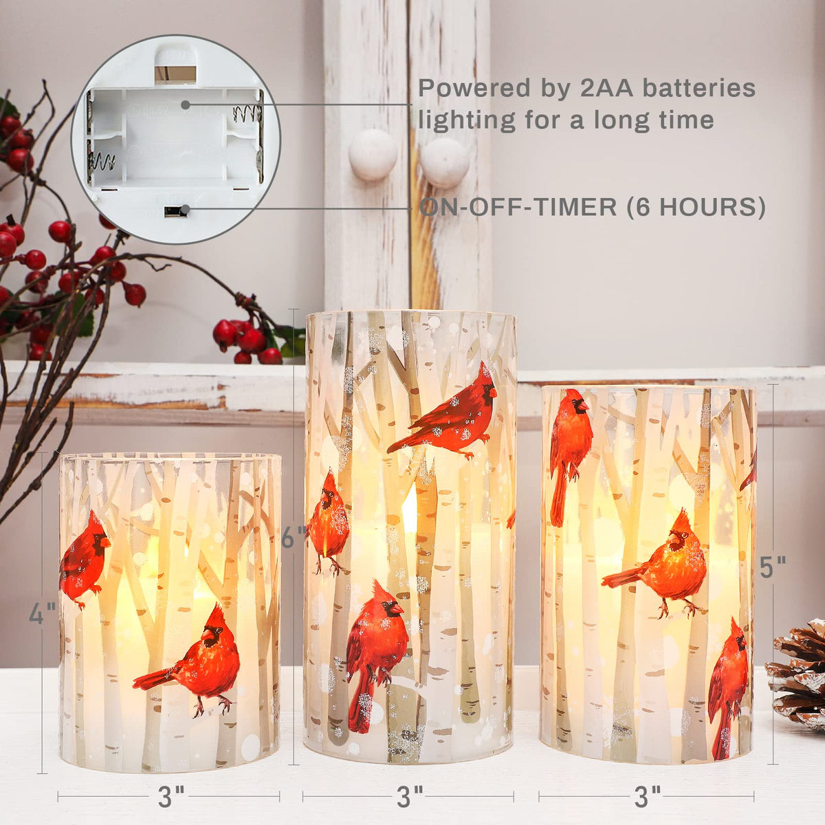 Crystal Club cardinal set3 glass candles elevate holiday tables with elegant glass display.