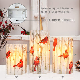 Crystal Club cardinal set3 glass candles elevate holiday tables with elegant glass display.