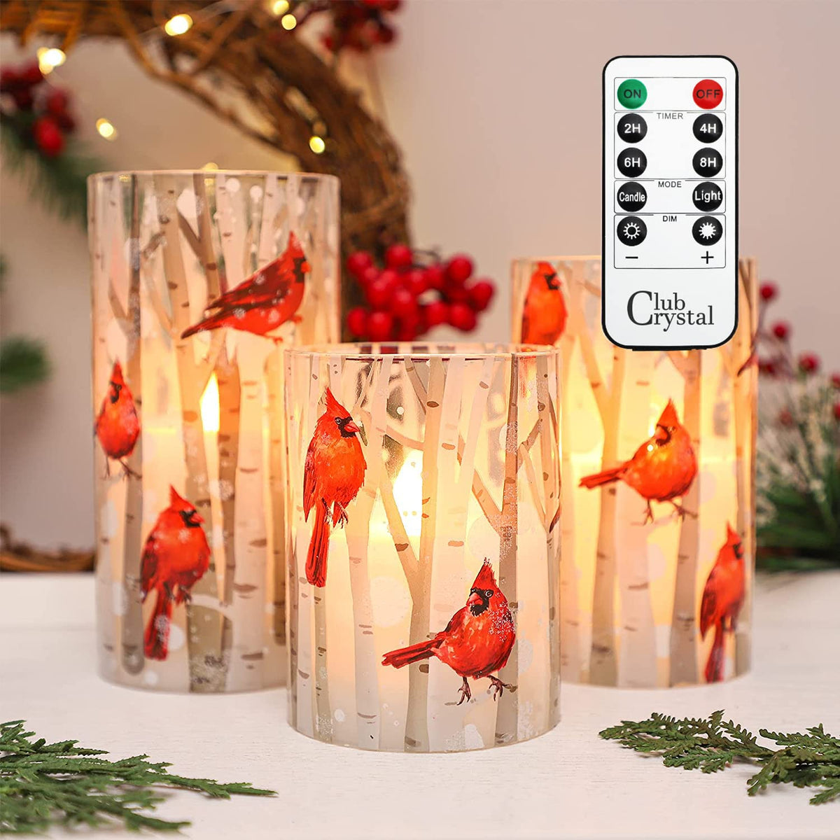 Crystal Club cardinal flameless candles in glass offer a safe, stylish centerpiece.