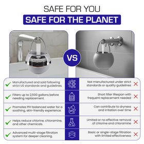 Bathroom scene shows Crystal Quest bath filter in a clean, spa-like setting