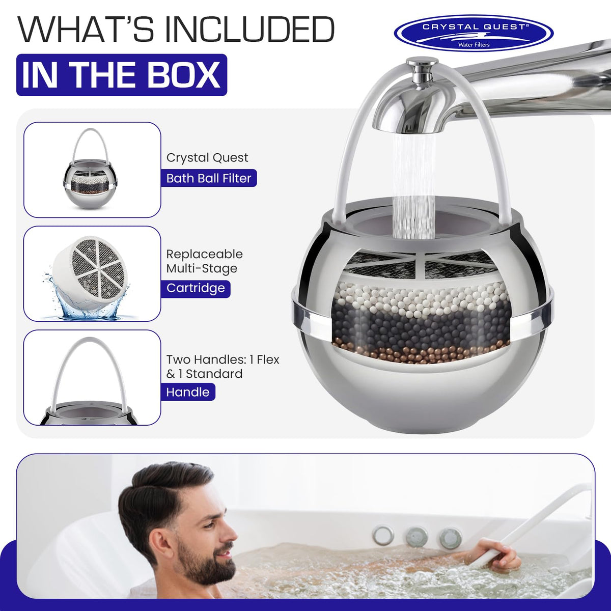 Crystal Quest chrome bath filter installation view shows tool-free setup