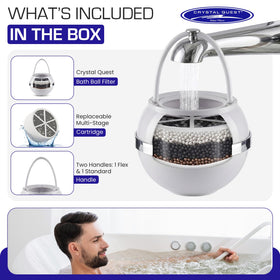 Crystal Quest bath ball filter installation steps show quick, tool-free setup