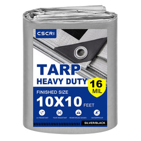 CSCRI tarp 16mil finished 10x10 size, rugged outdoor cover shields gear from rain.