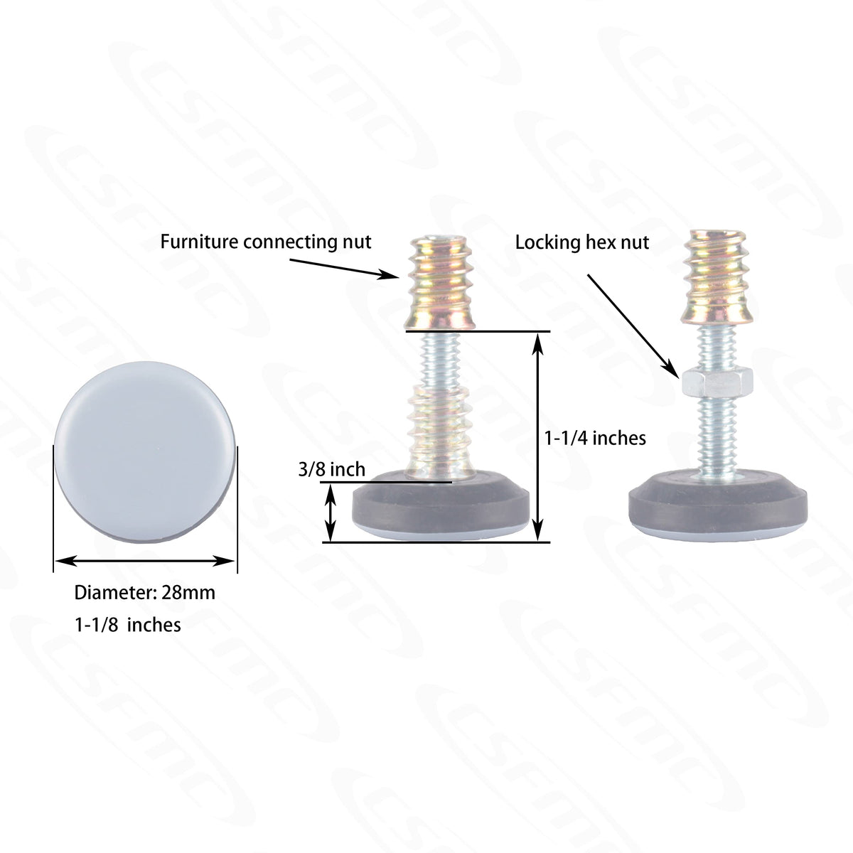 CSFMC leveler with threaded shank for strong support on tables and cabinets.