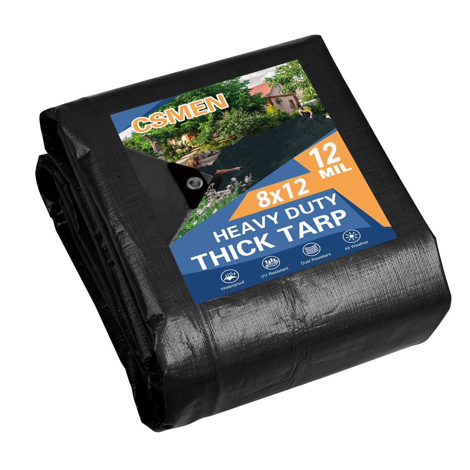 CSMEN heavy-duty tarp 8x12 black cover protects outdoor gear from rain and sun.