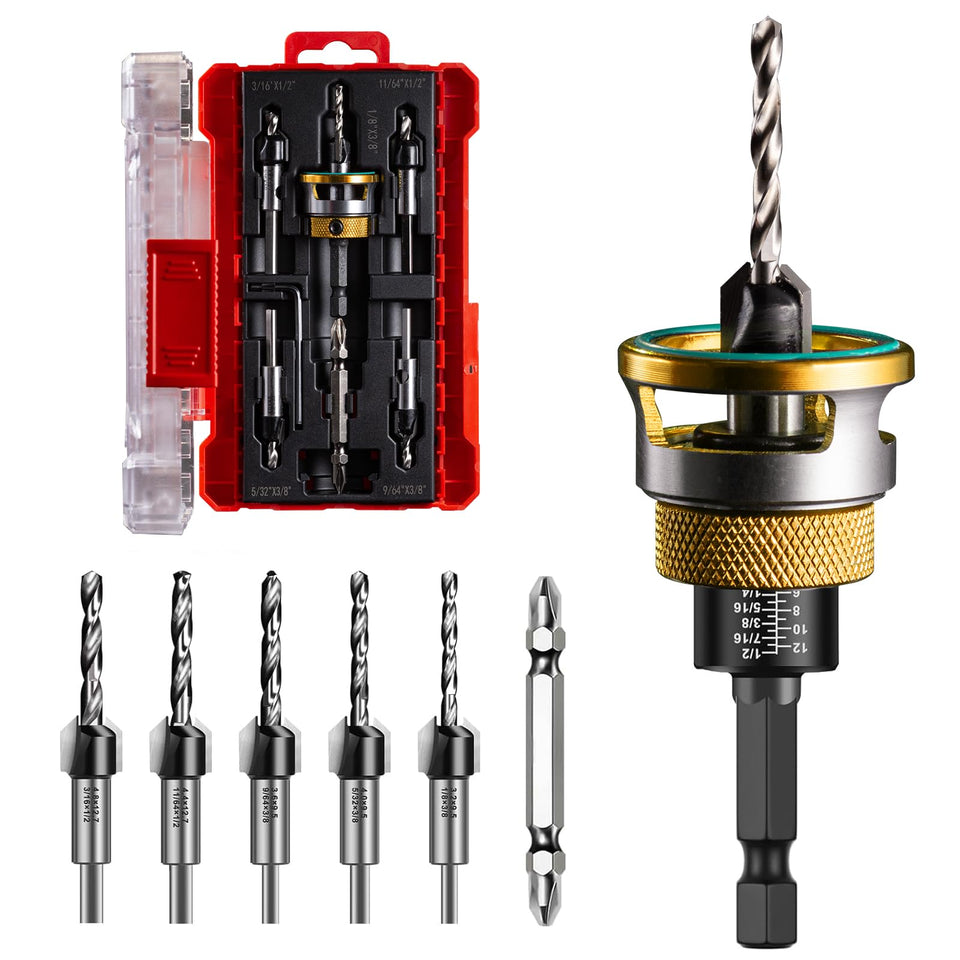Csyibeielec countersink 4pc set packaging showing ready-to-use kit for woodworking projects.