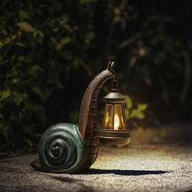 CSZLSMH solar snail light on patio creates cozy evening ambiance.
