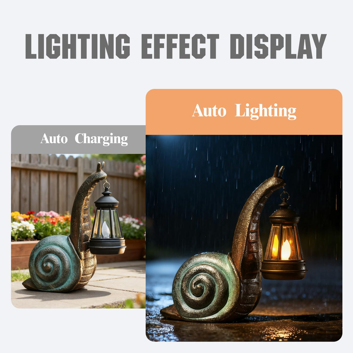 CSZLSMH solar snail emits warm white LED for evening ambiance.