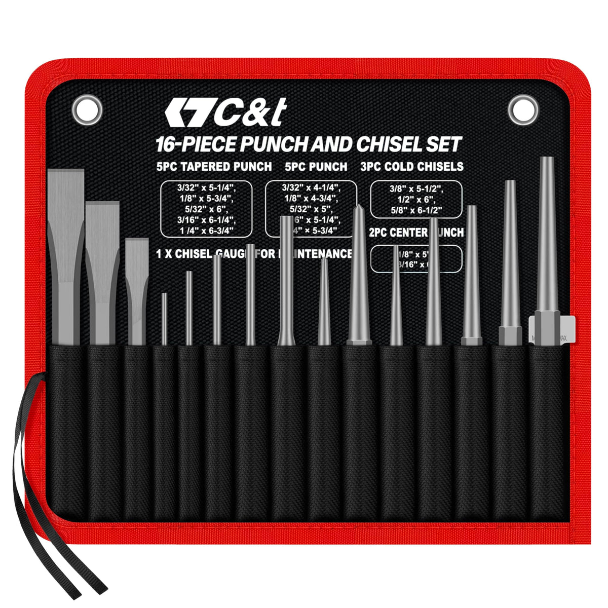 C&T 16-piece punch and chisel set with storage pouch for organized DIY projects.