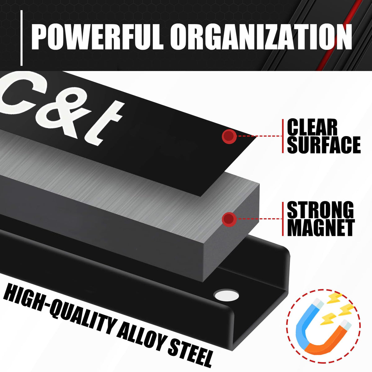 CT six-pack magnetic tool bar display mounted on wall for organized workshop.