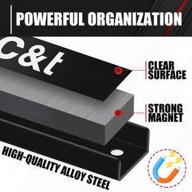 CT six-pack magnetic tool bar display mounted on wall for organized workshop.