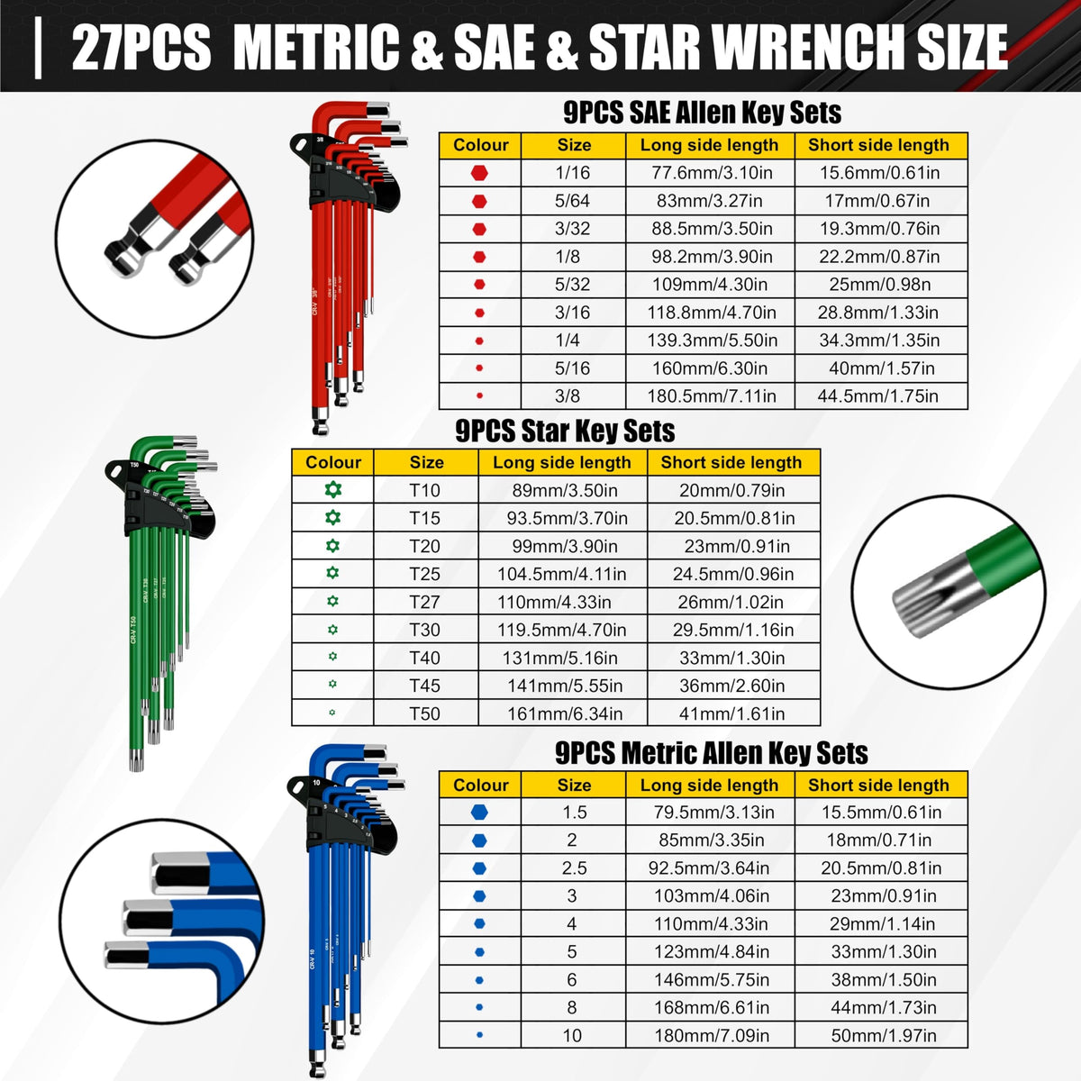 C&T Allen wrenches with ball-head entry angle for tight spaces.