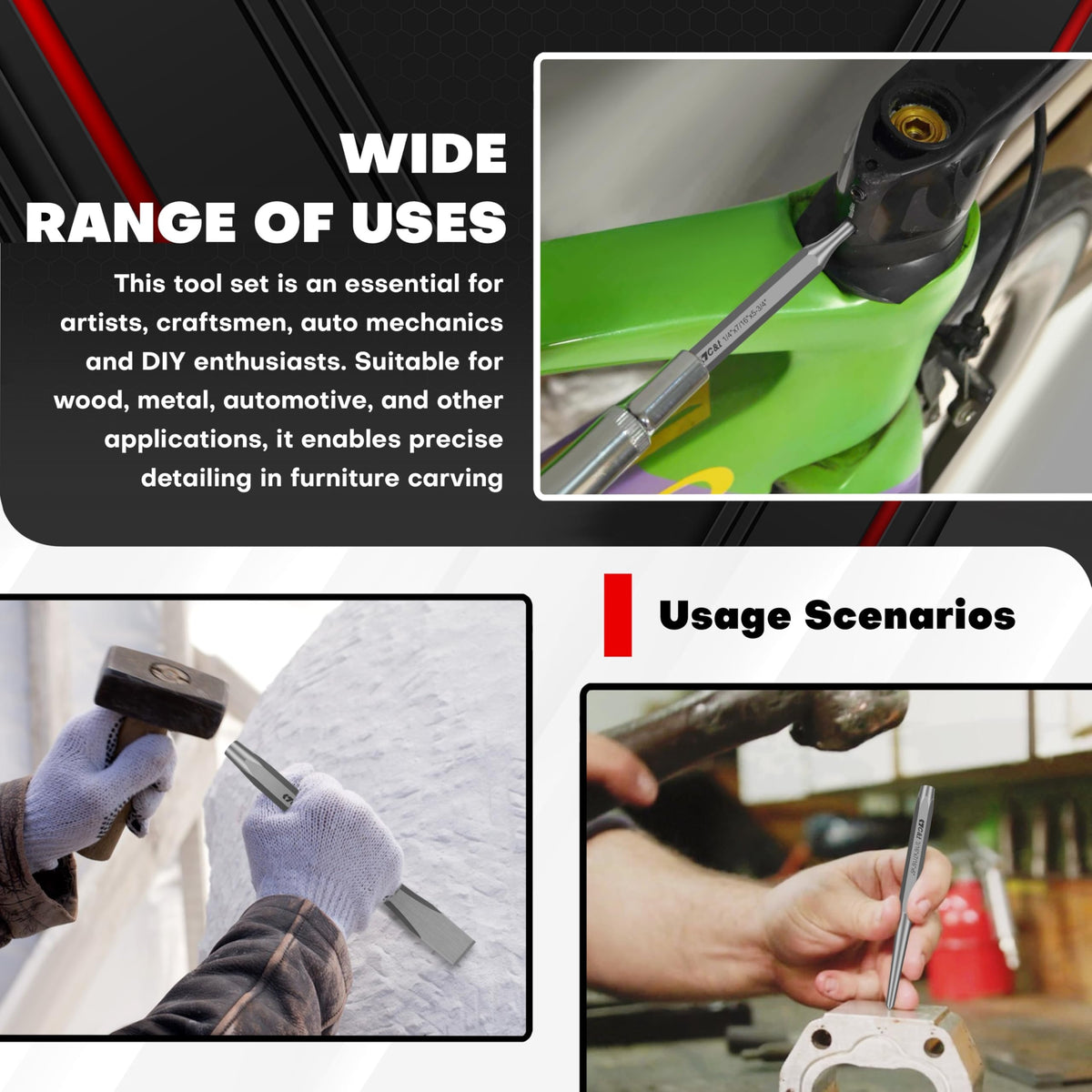 C&T 54-58 HRC chisels stay sharp with repeated use.