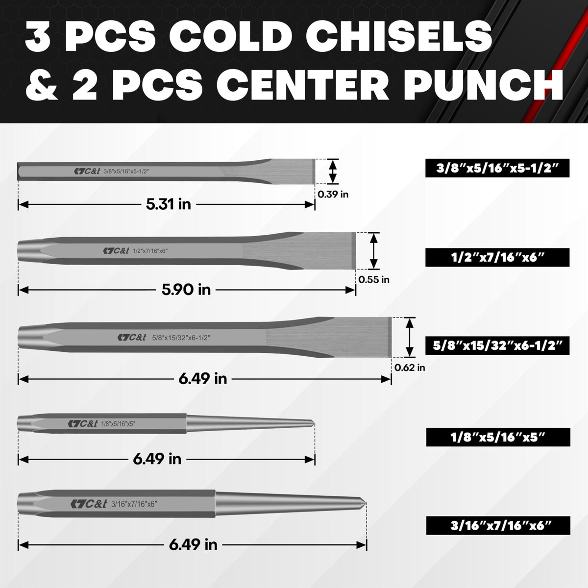 C&T labeled punches and chisels for quick identification.