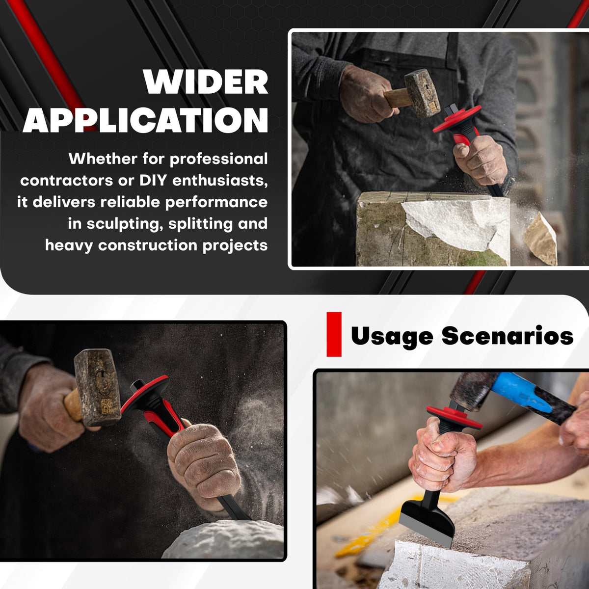 C&T masonry chisel set in action for demolition and carving projects.