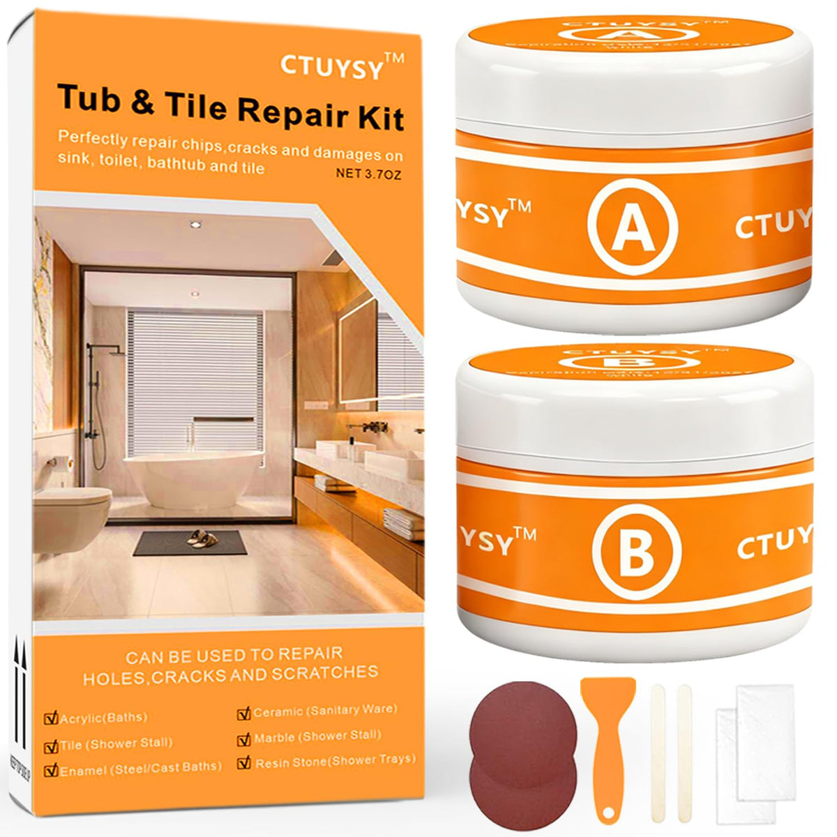 CTUYSY tub repair kit in white enamel fixes cracks and chips on porcelain tubs.