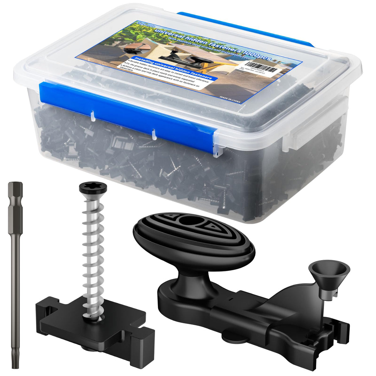 Close-up of Cuguords hidden deck fasteners with 316 stainless screws for durable outdoor decks