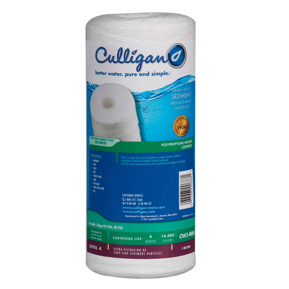Culligan CW5-BBS water filter cartridge for whole-house filtration reduces sediment for clearer water.