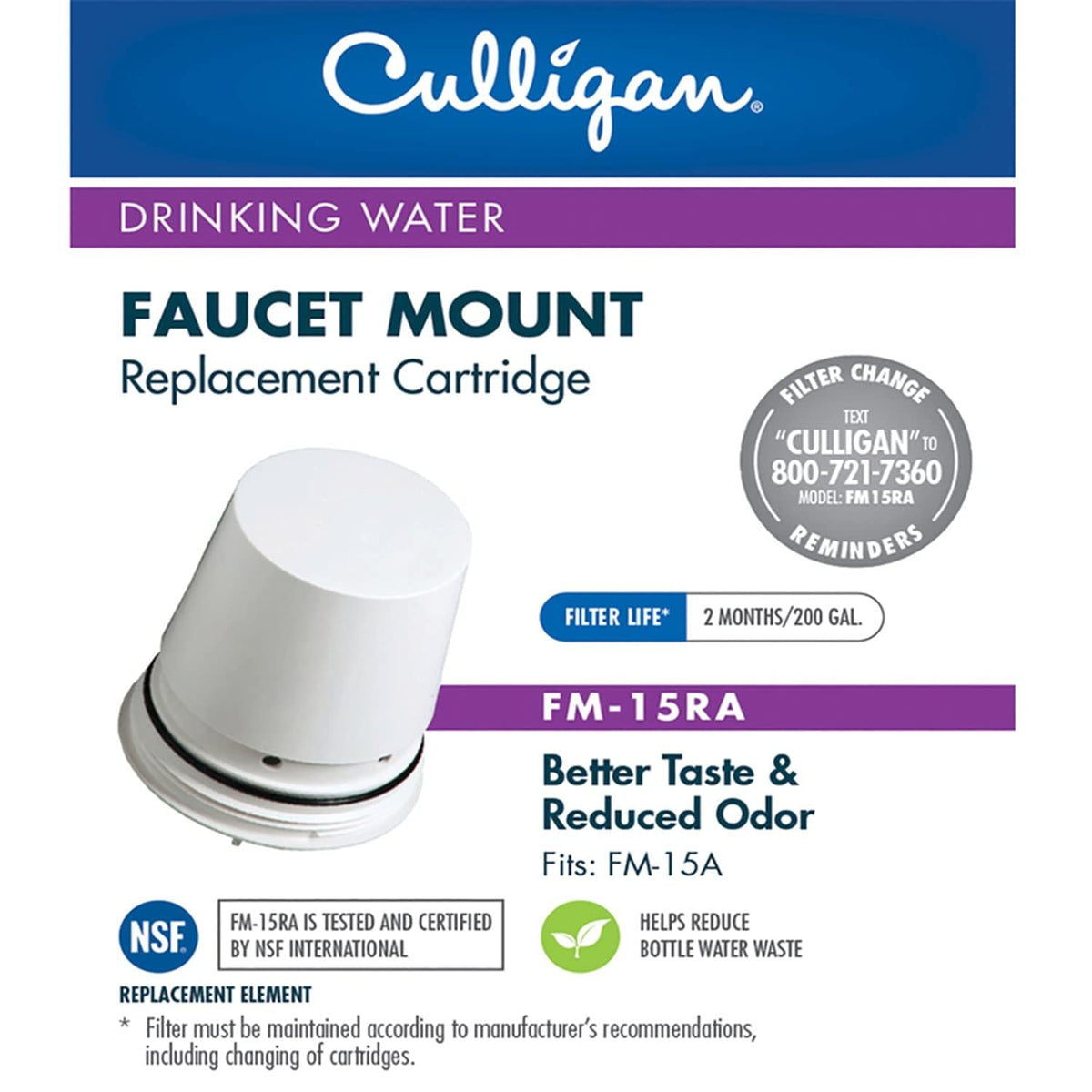 Culligan FM-15RA replacement cartridge installed in a faucet-mount for cleaner water.