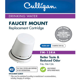 Culligan FM-15RA replacement cartridge installed in a faucet-mount for cleaner water.