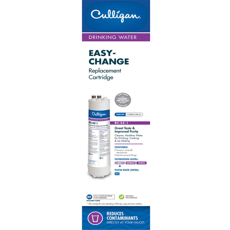 Culligan RC-EZ-1 cartridge with twist-on/off design enables easy under-sink replacement