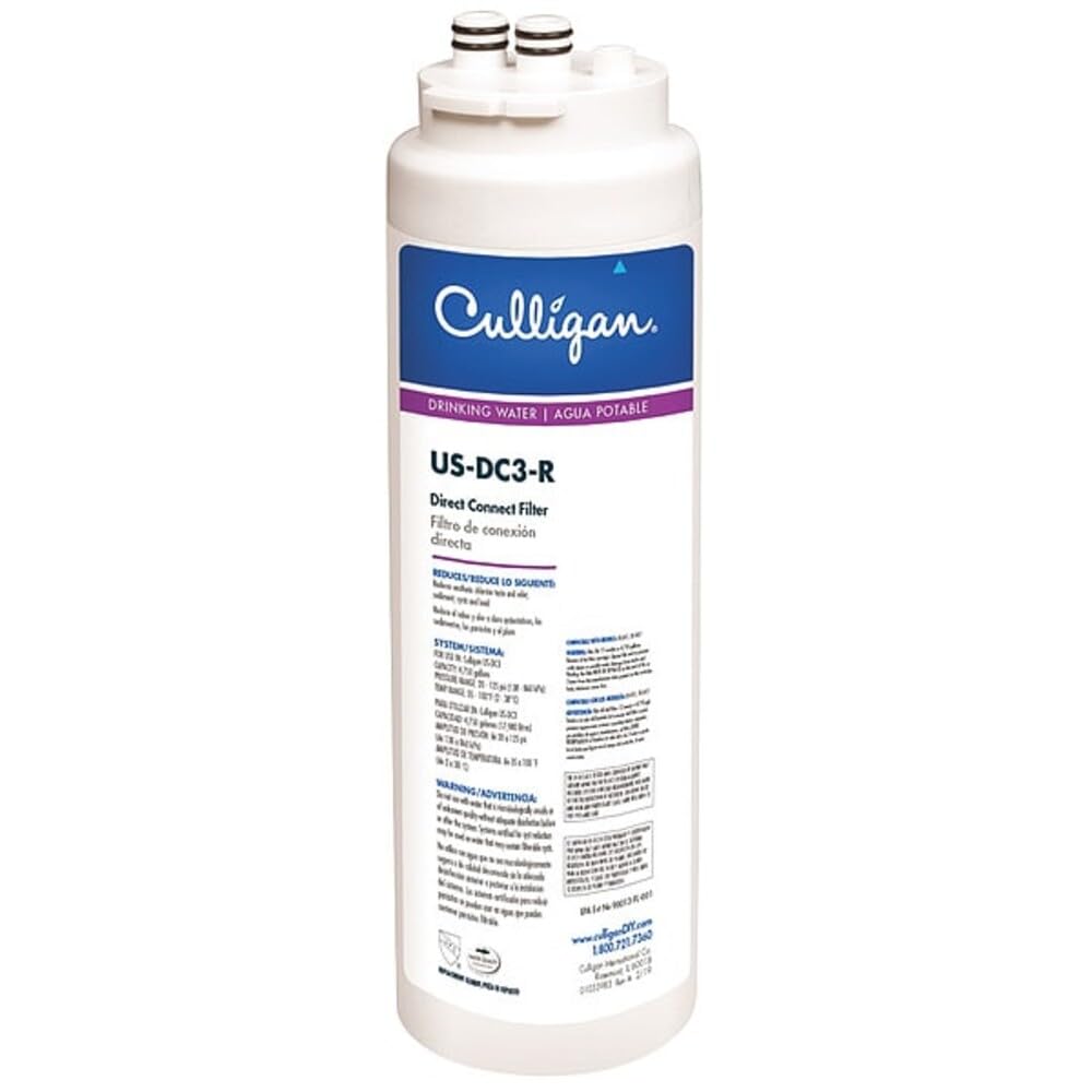 Culligan US-DC3-R direct-connect under-sink filter cartridge reduces lead and chlorine at the faucet.