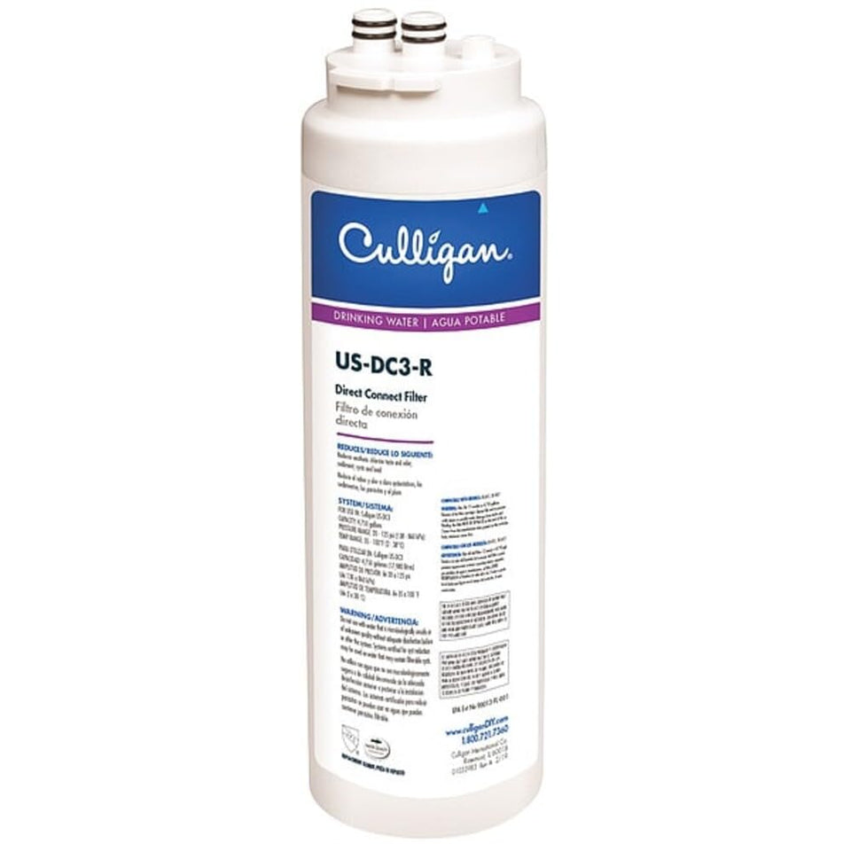 Culligan US-DC3-R direct-connect under-sink filter cartridge reduces lead and chlorine at the faucet.