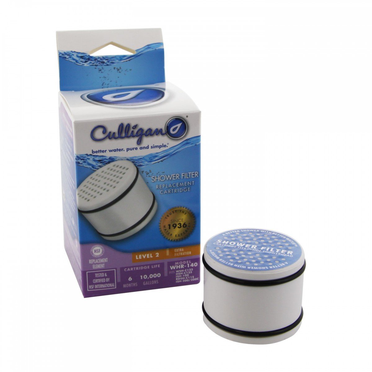 Culligan WHR-140 replacement cartridge with filtration media reduces chlorine for softer skin.