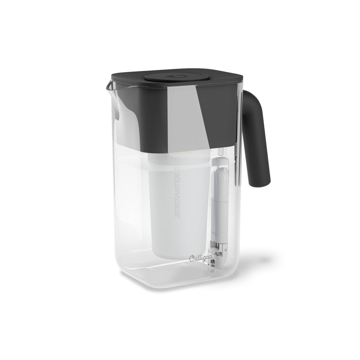 Culligan ZeroWater 10-cup pitcher with matte black finish for easy fridge storage.