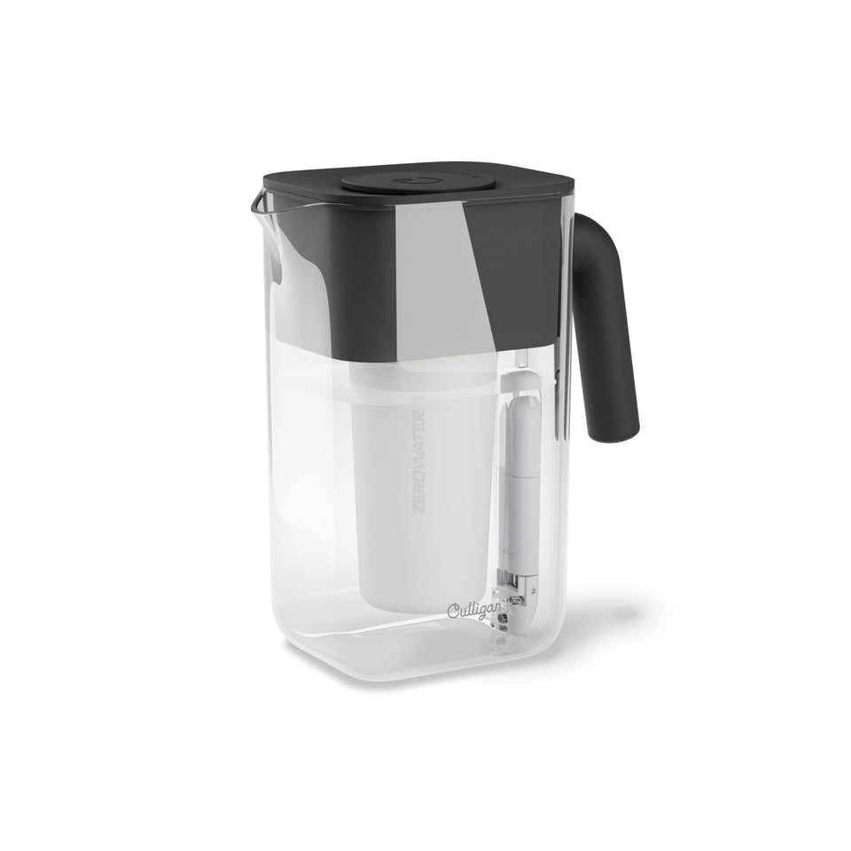 Culligan ZeroWater 10-cup pitcher with matte black finish for easy fridge storage.
