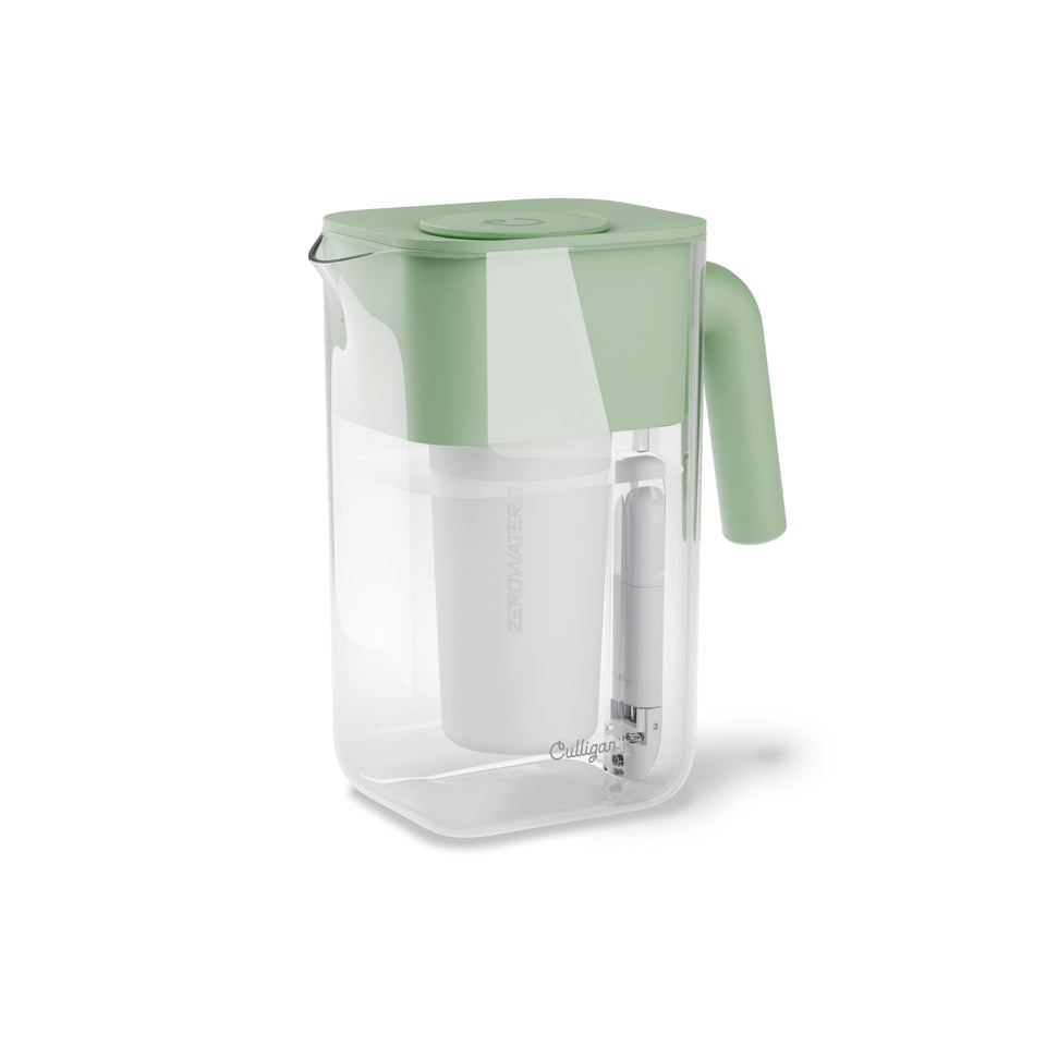 Culligan ZeroWater 10-Cup Pitcher, front view, compact design suitable for fridge or counter.