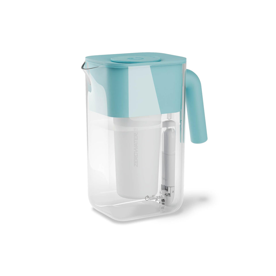 Culligan ZeroWater 10-cup pitcher front view; compact design fits small kitchens for fresh water.