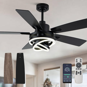 Curve Curio 52-inch black chandelier fan front view with ambient lighting