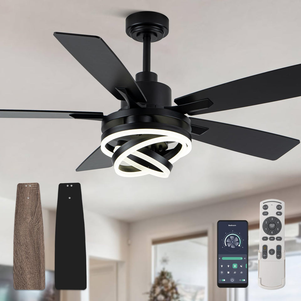 Curve Curio 52-inch black chandelier fan front view with ambient lighting