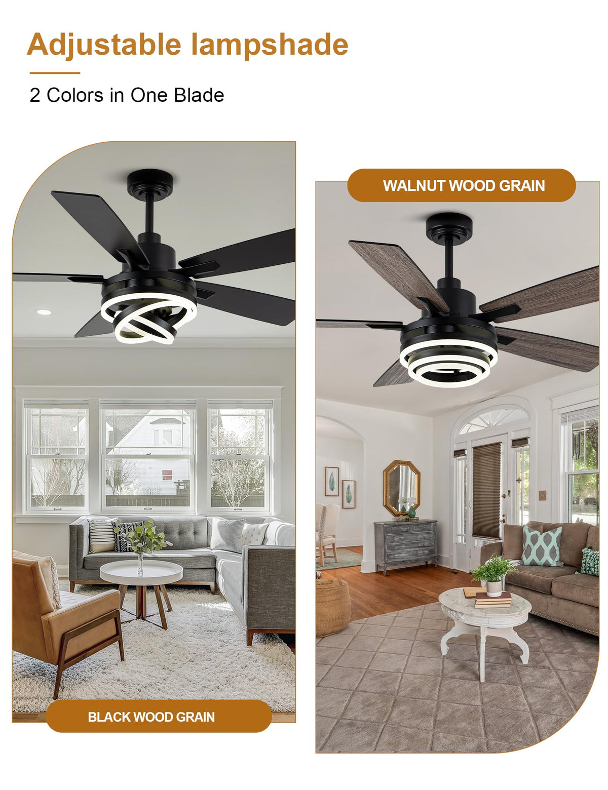 Curve Curio ring light ambient glow on 52-inch black chandelier fan