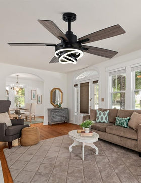 Curve Curio 52-inch black chandelier fan side view showing ring light