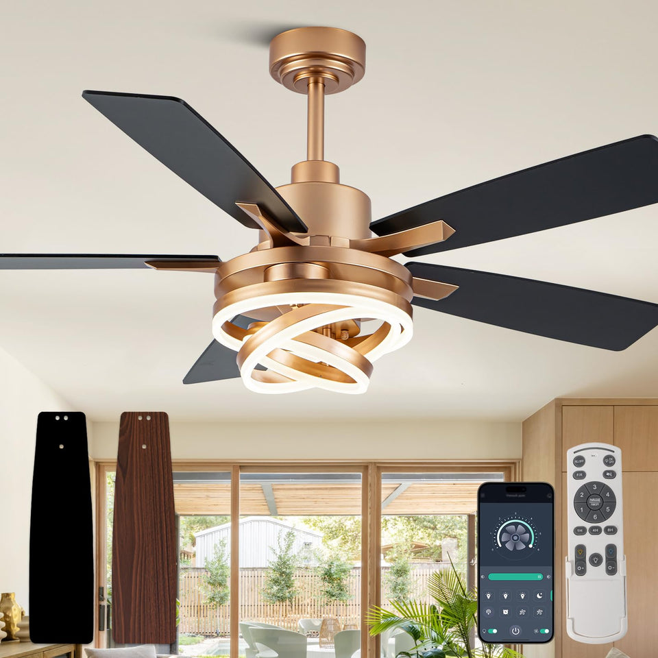 Curve Curio 52-inch gold fandelier ceiling fan with light providing ambient illumination.