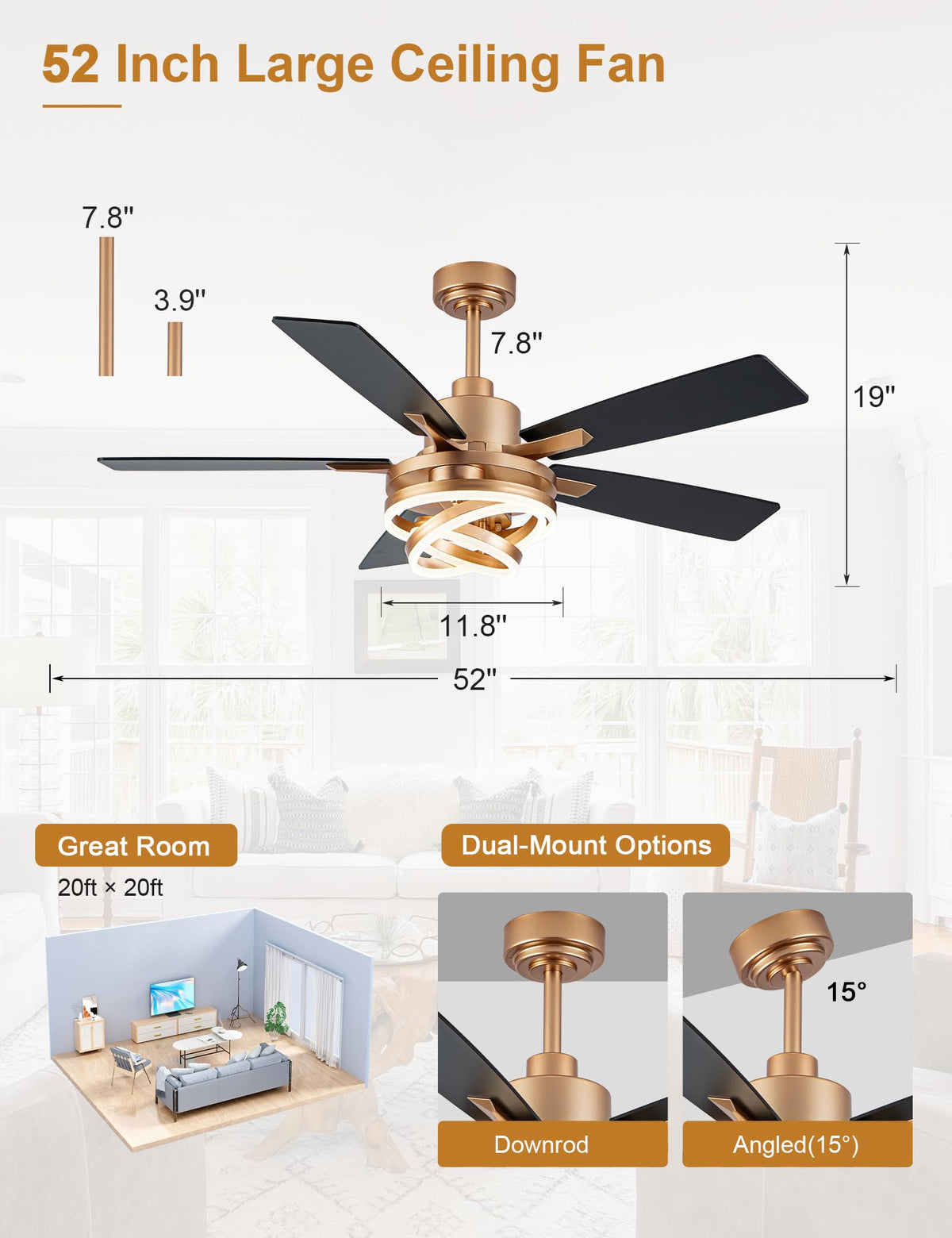 Curve Curio dual-sided blades enhance modern chandelier style.