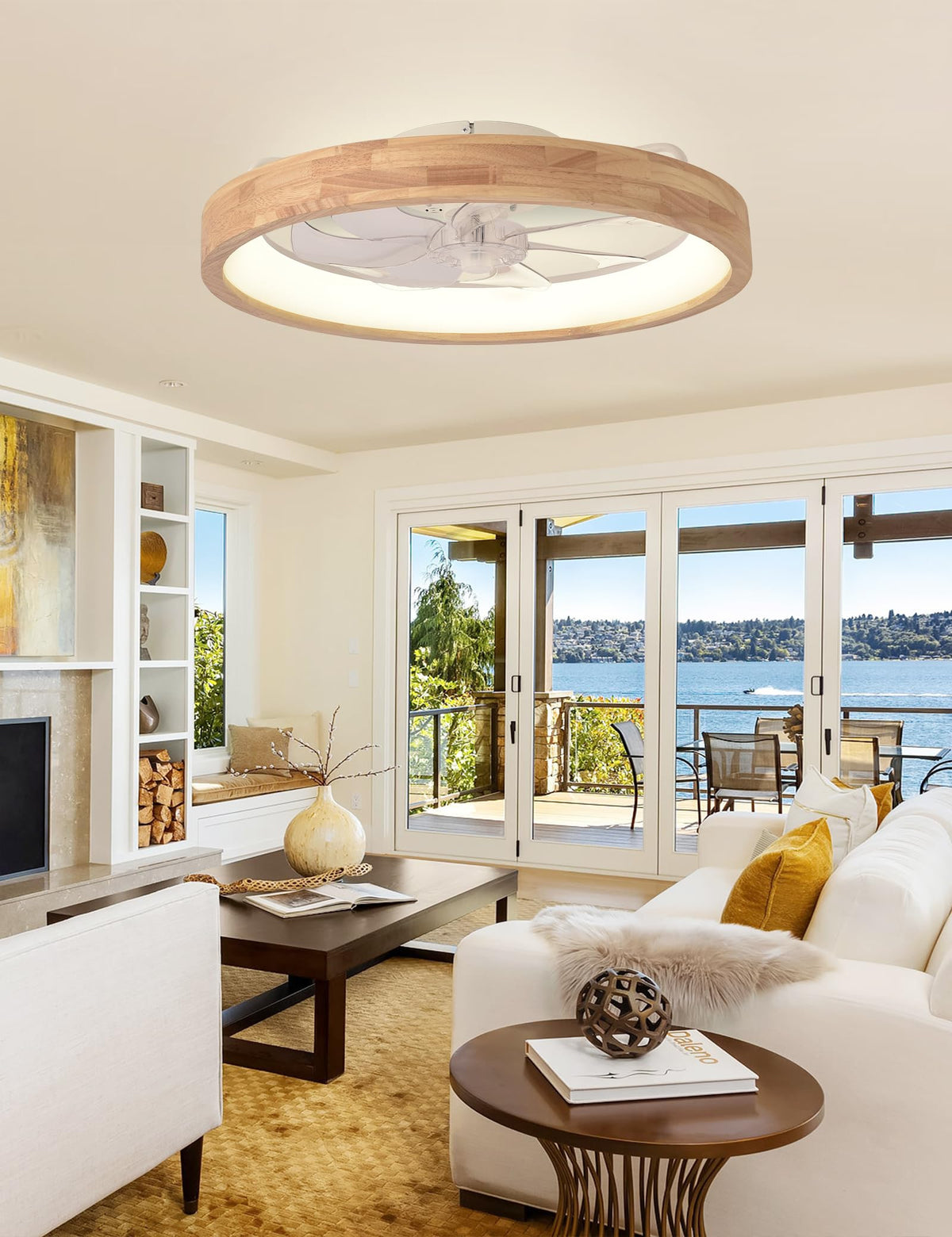 Curve Curio fandelier flush mount design highlights space-saving profile in a modern room