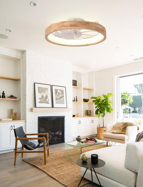 Curve Curio flush mount wood ceiling fan adds warm ambience to bedrooms.